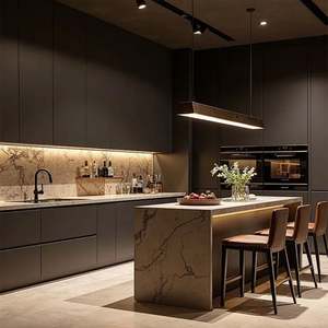 Fabricant d'armoires d'usine de Foshan, designs modernes, meubles de cuisine sur mesure complets, placards de cuisine en placage de bois avec îlot - Product Image 5