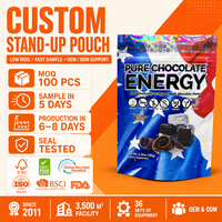 Sachet Doypack personnalisé refermable avec fermeture éclair et encoche de déchirement pour chocolat énergétique, suppléments alimentaires, qualité alimentaire, en Mylar découpé au laser