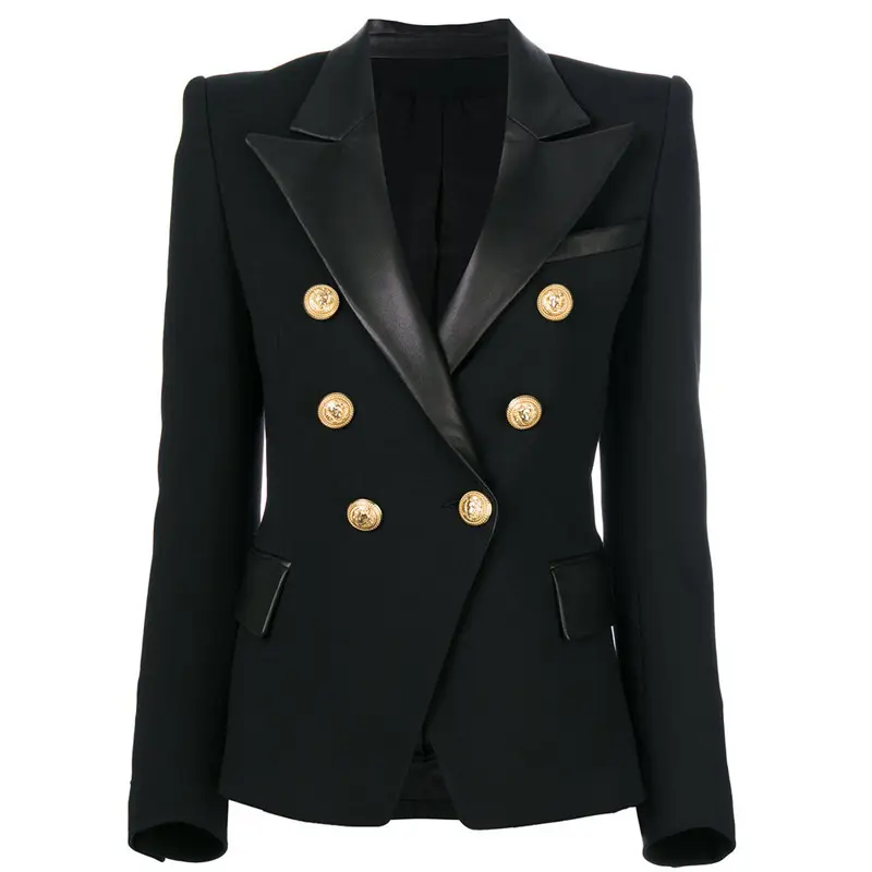 New dropshipping high quality fashion double breasted black casual blazer jacket with leather trim for women