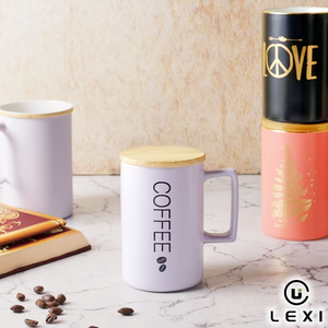 Taza de Café de Porcelana de 400 ml con Tapa de Bambú, Asa Cuadrada, Impresión Personalizada COFFEE LOVE, Borde Dorado, Interior Negro Mate y Blanco, <span class=keywords><strong>LEXI</strong></span> - Product Image 1