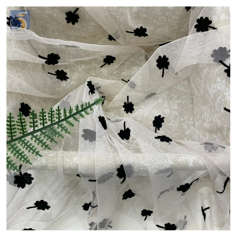 Rekabetçi fiyat akın tül Net kumaş elbise modeli son siyah fransız küçük çiçek flok tül Mesh dantel kumaş