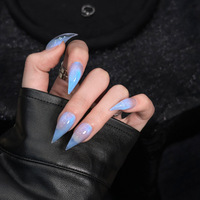 Faux ongles à presser faits main Qianya, bleu clair effet œil de chat, 10 pièces, en acrylique, forme griffe de dragon, style euro-américain, vente en gros