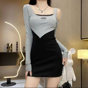 Women's Knitted Bodysuit Color Blocking Splicing Stretch Slim Fit Short Dress Irregular Faux Two Piece Style - Product Image 2