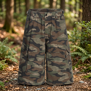 Men's Camouflage <b>Cargo</b> Shorts High Waist Elastic Band Canvas Workwear Style Bermuda Length With Pockets - Product Image 3