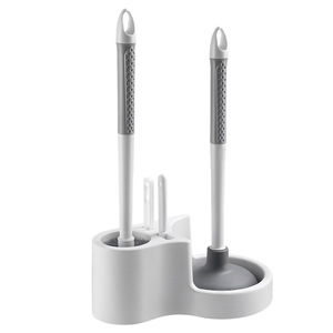 Ensemble de brosses de toilette à long manche, à fixer au mur, avec nettoyeur de drain, pour le nettoyage de la salle de bain, en plastique blanc et gris, écologique - Product Image 2