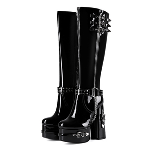 Bottes hautes pour femme à coupe large, en cuir verni brillant, avec boucles métalliques, talons épais à plateforme, rivets arrière, grande taille 47 - Product Image 2