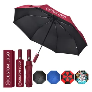 Payung lipat portabel hujan Uv otomatis, payung Golf tahan angin dengan senter