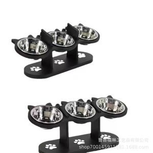 Pet Bowl Rack With Three Stainless Steel Bowls Elevated <b>Feeder</b> For <b>Cat</b> Black Color - Product Image 1