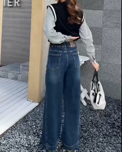 大码女式高腰直筒环保透气牛仔裤常规版型休闲弹力四季通用蓝色 - Product Image 6