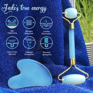 Vendita calda GHM blu Opalite giada <span class=keywords><strong>pietra</strong></span> <span class=keywords><strong>massaggiatore</strong></span> <span class=keywords><strong>viso</strong></span> Set Logo personalizzato Opal Gua Sha per la bellezza e il <span class=keywords><strong>viso</strong></span> - Product Image 2