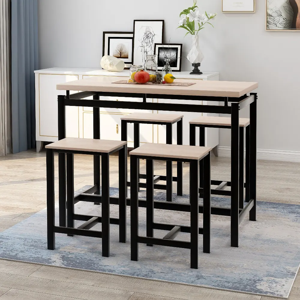 Modern 5-piece Dining Set Black Metal Wood Coffee Pub Table And Chairs Set