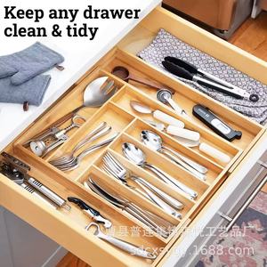 Organizador de cajones de bambú rectangular con compartimentos para almacenamiento de cubiertos, uso en gabinetes de cocina, color madera natural - Product Image 2