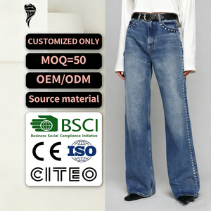 Jeans a Vita Alta Personalizzati con Borchie Argentate, <span class=keywords><strong>Denim</strong></span> Blu Lavato, Jeans a Gamba Larga per Donna - Product Image 1