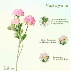 Flores de Ranúnculo Artificiales de Tela de Seda Hechas a Mano, Estilo Nórdico, Realistas, con 3 Cabezas, Decoraciones para Bodas y Día de la Madre - Product Image 5