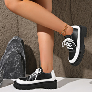 Color Block Autumn British Style Thick Heel Low Ankle Flats New Arrival Plus Size <b>Tie</b> <b>Back</b> Retro Small Leather Shoes - Product Image 3