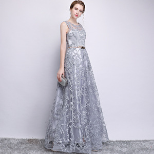 Elegant A-Line Evening Dress Grey Organza Floral Print Scoop Neck Long Hostess Dress 3D Stereoscopic Patterns Natural Waistline - Product Image 2