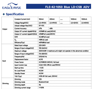 Controlador LED de Corriente Constante EAGLERISE FLS-42-1050 Azul LD-CSB ADV 42W 150‑1050mA Casambi, Regulable por Pulsación, AC198‑264Vac IP - Product Image 5