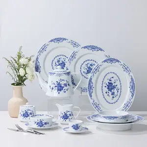 Vente en gros de vaisselle en porcelaine blanche, assiettes de Restaurant, service de vaisselle bleu et blanc, service de vaisselle, vente en gros