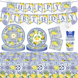 레트로 블루와 화이트 도자기 레몬 과일 테마 생일 파티 일회용 종이 컵 식탁보 식기
