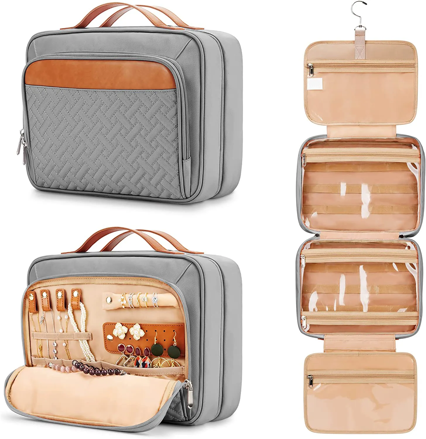 Latest Portable Quilted Jewelry Organizer Trolley Belt Women Makeup Cosmetic Travel Hanging Toiletry Bag With Leather handle