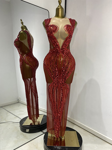 Abito Lungo Sexy Europeo-Americano per l'Estate, Rosso Brillante con Paillettes e Cristalli, <span class=keywords><strong>in</strong></span> <span class=keywords><strong>Tulle</strong></span> <span class=keywords><strong>Trasparente</strong></span> per Cantanti, Spettacoli e Feste - Product Image 1