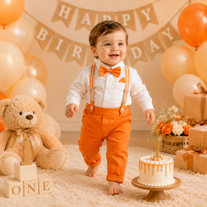 Tenue formelle deux pièces pour le 1er anniversaire d'un bébé garçon : chemise blanche à manches longues, pantalon à bretelles orange, nœud papillon - Product Image 2