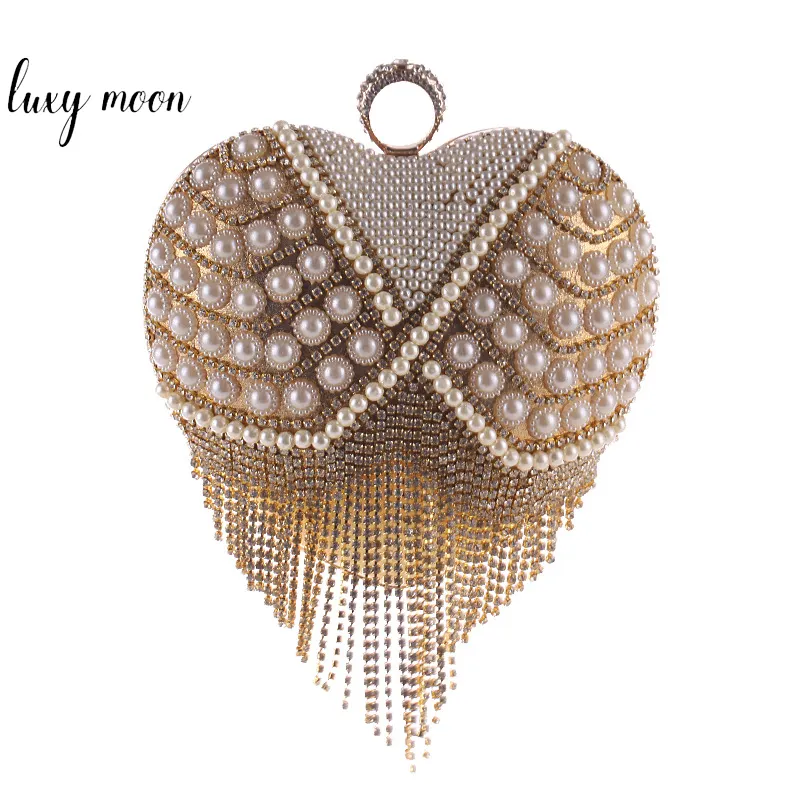 En güzel Glitter püsküller altın kalp şekli inci taklidi çanta akşam çanta bayanlar için NE128