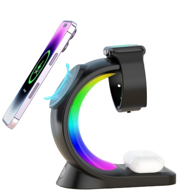 3 in 1 Magnetic Wireless Charging Station With RGB Light,15W Fast Charging Stand,Phone,SmartWatch,Earbuds Desk Charging Dock