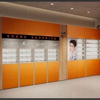 Aménagement intérieur de magasin d'optique, design de boutique de lunettes de soleil, présentoir pour magasin de lunettes, mobilier avec éclairage LED, style moderne et luxueux