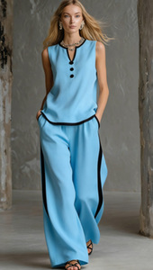 Conjuntos de 2 Piezas para <span class=keywords><strong>Mujer</strong></span>, Chaleco de <span class=keywords><strong>Lino</strong></span>, Pantalones Anchos, Trajes Casuales Elegantes - Product Image 4