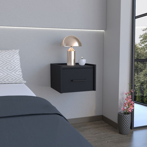 <b>Floating</b> <b>Nightstand</b> Black Wall Mount With Drawer And Surface For Bedroom Storage - Product Image 1