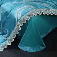 Nouvel ensemble de literie de luxe en coton jacquard bleu, style européen et américain, avec housse de couette et draps à franges, 4 pièces, taille King, pour la maison et l'hôtel