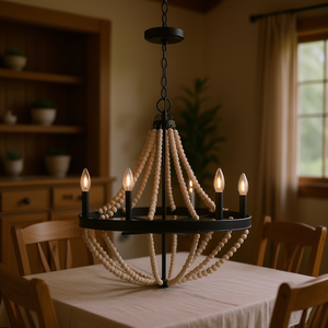 Starry Wood Beaded <b>Black</b> Chandelier 6-Candle Farmhouse Pendant <b>Light</b> For Dining Room Large Round Shape - Product Image 2