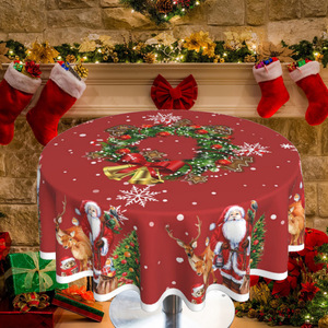 Kapalı ve açık ev festivali dekor masa ayarları için noel baba tasarımları içeren 150cm noel tema yuvarlak masa örtüsü - Product Image 4