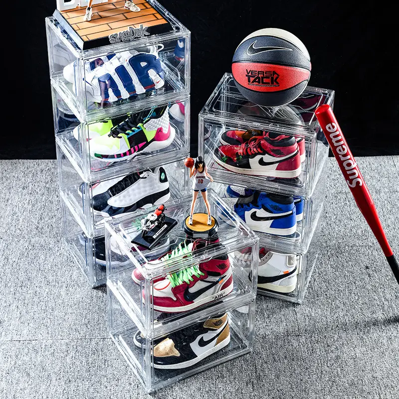 Caixa de armazenamento empilhável transparente para sapatos com ímã, caixa de armazenamento para tênis esportivos de basquete, coleção à prova de poeira
