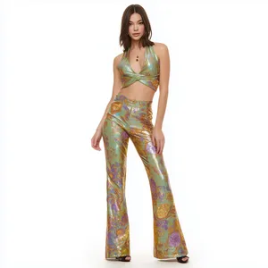 Conjunto de Top Corto Metálico con Cuello Halter y Pantalones Acampanados para Mujer, Estilo <span class=keywords><strong>K</strong></span>-pop para Actuaciones en Escenario, Poliéster, 2 Piezas - Product Image 2
