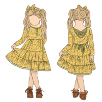 Gaun Anak Perempuan Motif Bunga Vintage Lembut Nyaman dengan Ruffle, 3 Kancing Depan, Tali Serut Belakang, dan Tali Silang di Belakang