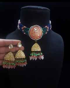 Traditional Kundan Pearl Choker Necklace Set with <b>Green</b> Beads - Gold Plated Bridal <b>Jewellery</b> for Weddings & Festivals - Product Image 1