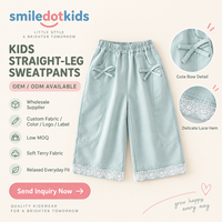 Pantalon droit personnalisé Smiledotkids pour enfants, bleu clair, avec nœud et ourlet en dentelle, doux, OEM ODM, pour petites filles, vente en gros