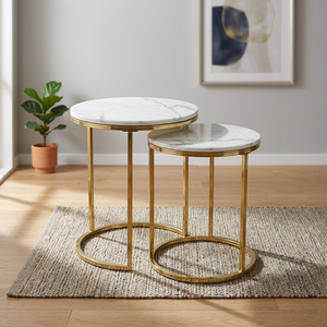 Juego de Mesa de Centro Moderno Convertible para Sala de Estar, con Tapa de Madera y Acero Inoxidable, Diseño Cascada, 3 Piezas - Product Image 3