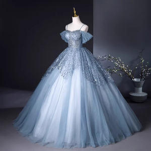 Vestido de Noche Azul Claro con Lentejuelas, Vestido de Gala de Tul con Hombros Descubiertos, Largo hasta el Suelo, para Fiesta Formal o Boda - Product Image 3