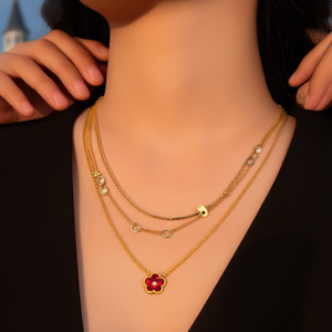 Collier superposé en acier inoxydable 316L plaqué or PVD avec pendentif fleur rouge, bijoux tendance - Product Image 3