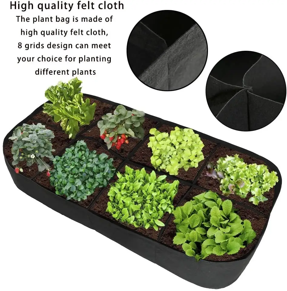 Rectangle Reinforced Felt Raised Garden Bed Breathable Fabric Planting Container Grow Bag Planter Pot with 8 Compartments