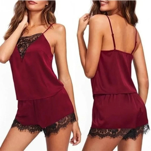 Ensemble de pyjama pour femmes en satin et dentelle, lingerie de nuit, short à bretelles élastiques, tenue de nuit sexy, hauts sans manches, sous-vêtements - Product Image 4