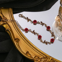 HT0004 Magnifique Ensemble Collier, Boucles d'Oreilles et Bracelet Fleur Rose Fraîche pour Jeune Fille, Collier Fleur Rouge Romantique Idéal pour les Femmes