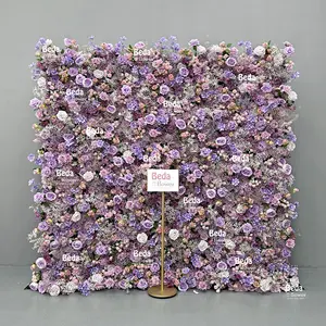 Beda OEM Real Touch Flowers Purple Rose 5D Artificial DIY Flower Wall Customize Silk Wedding Stand For Party Wedding Decoration