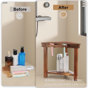 Wooden <b>Corner</b> <b>Shower</b> Stool With Storage <b>Rack</b> 15.15in Size For Bathroom Use - Product Image 3