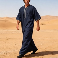 Robe longue musulmane à manches courtes pour homme, col en V, brodée, Kaftan islamique, Jubba arabe, Jalabiya, robe de prière marocaine