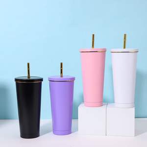 500ML 750ml <span class=keywords><strong>Rainbow</strong></span> finitura doppia parete in acciaio inox Glitter Tumbler con coperchio bordo oro e paglia - Product Image 3