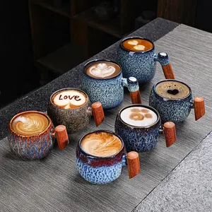Trending Producten 2021 Nieuwkomers Potbelly Melk Mok Voor Latte Cappuccino Espresso Kopjes Keramische Cup Met Houten Handvat